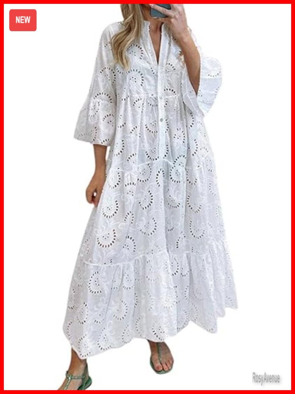Lace Eyelet Embroidered Maxi Dress with Trumpet Sleeve Boho Swing Dress